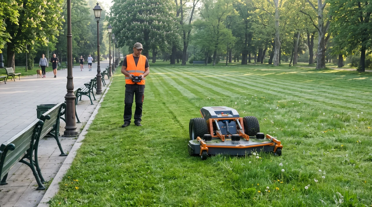 Роботизирана косачка поддържа тревата в градски парк под контрола на оператор